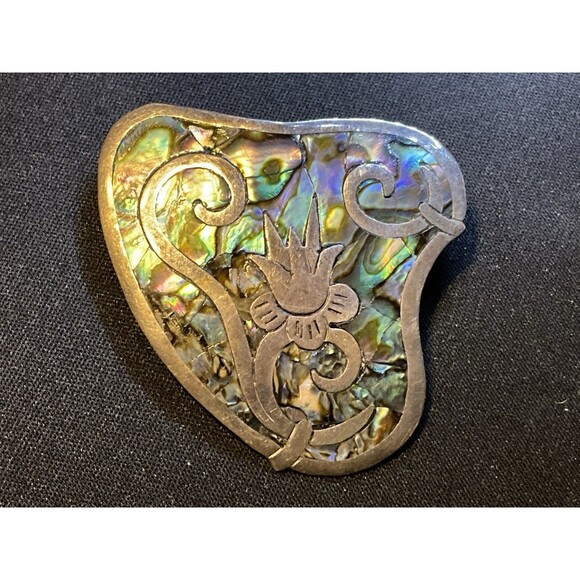 925 Sterling Silver Taxco Abalone Lotus Brooch - Picture 2 of 7